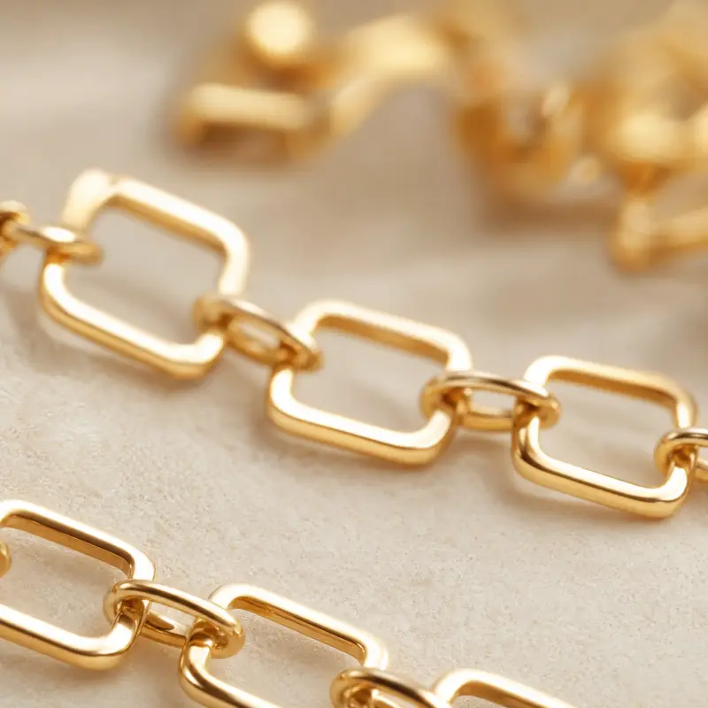 Macro close-up of polished gold chain links on a cream background