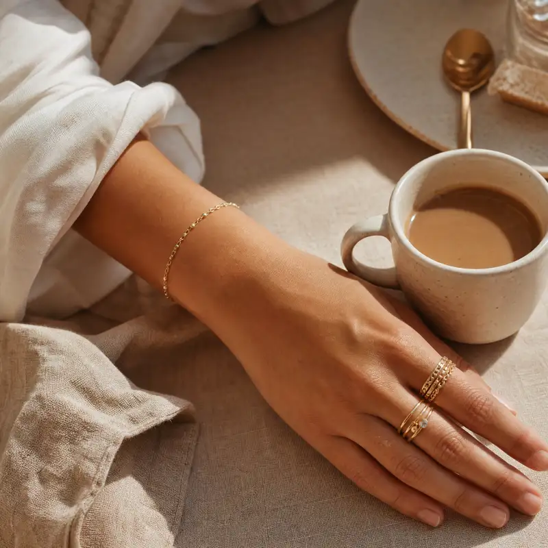 Woman's hand wearing stacked gold rings beside a cup of coffee in warm morning light